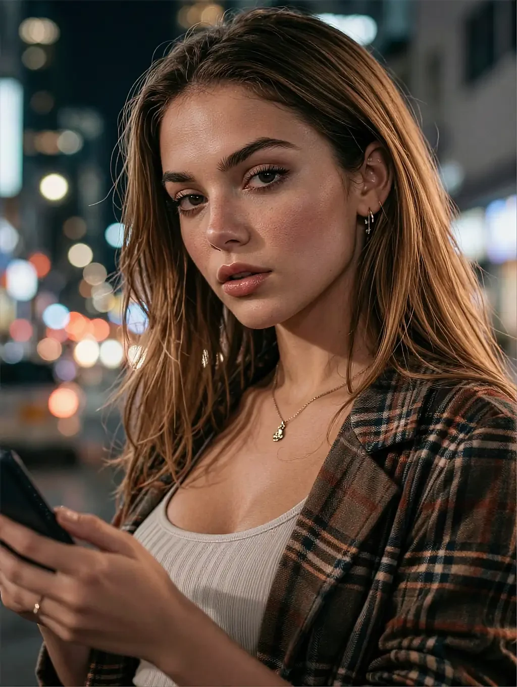 Fictional AI character holding a phone in a plaid jacket, city lights blurred behind the glass at night