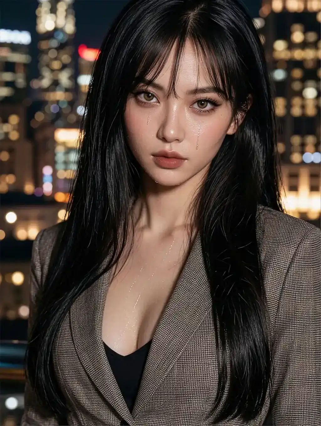 Fictional AI character with long straight black hair in a grey blazer, a night skyline behind her